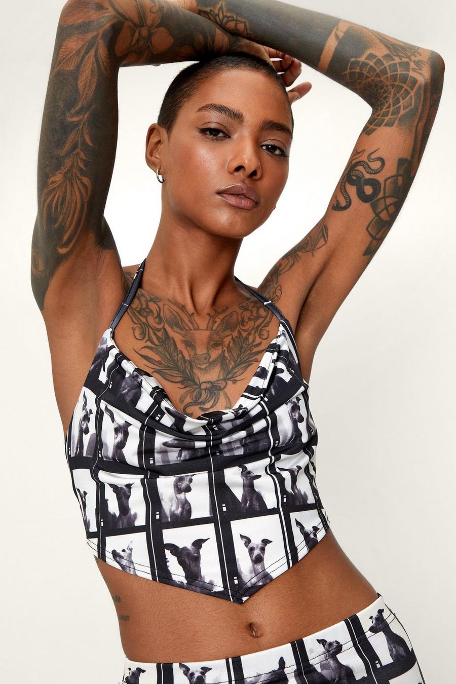 Recycled Slinky Graphic Cowl Neck Halter Top
