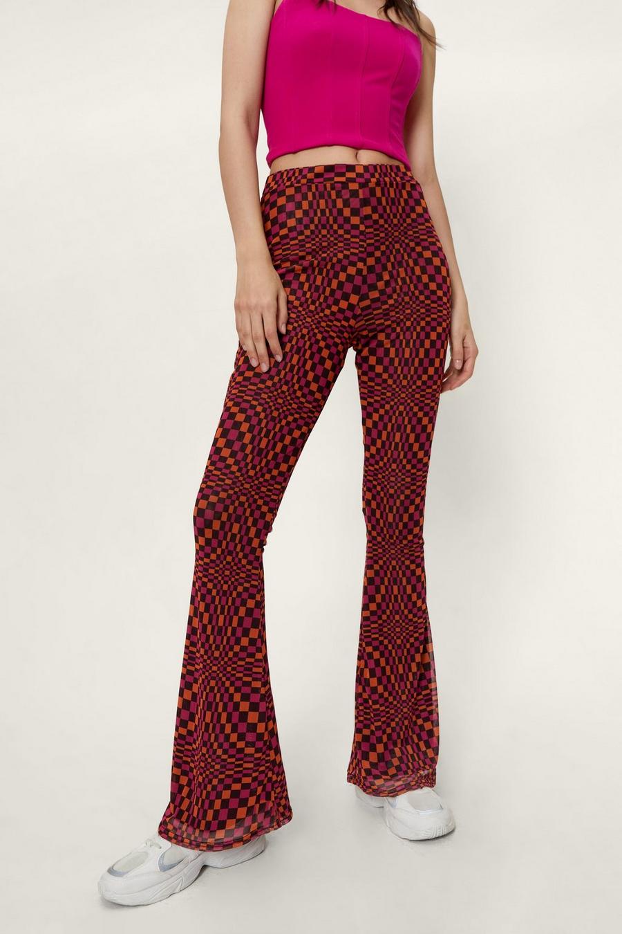 Abstract Check Print Mesh Flared Trousers