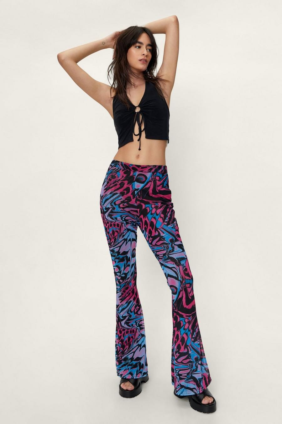 Abstract Butterfly Print Mesh Flared Trousers