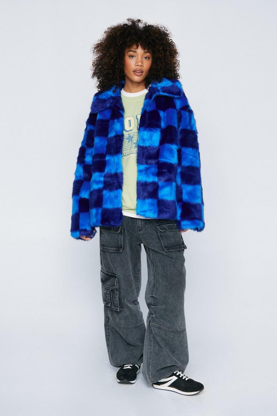 Premium Blue Checkerboard Faux Fur Coat