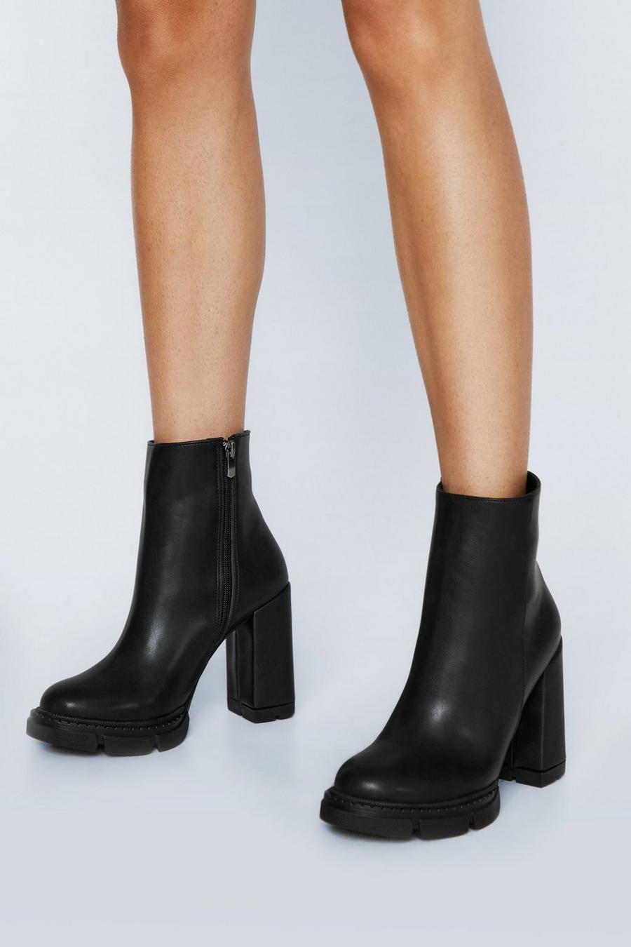 Faux Leather Chunky Heeled Ankle Boots