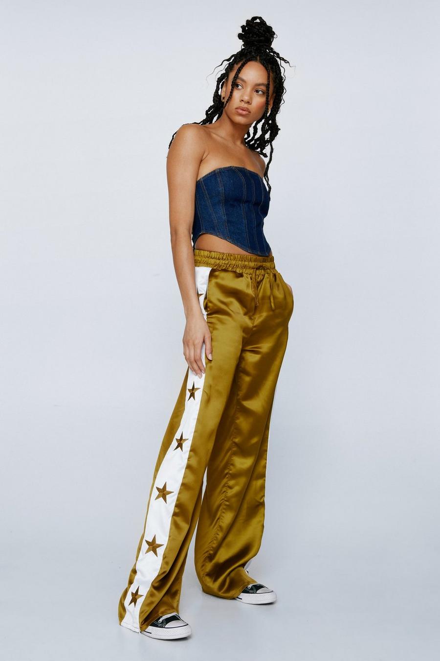 Embroidered Star Taping Satin Trousers