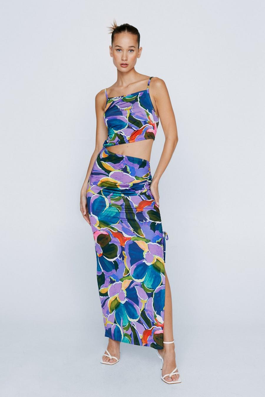 Petite Slinky Cut Out Ruche Side Floral Midi Dress