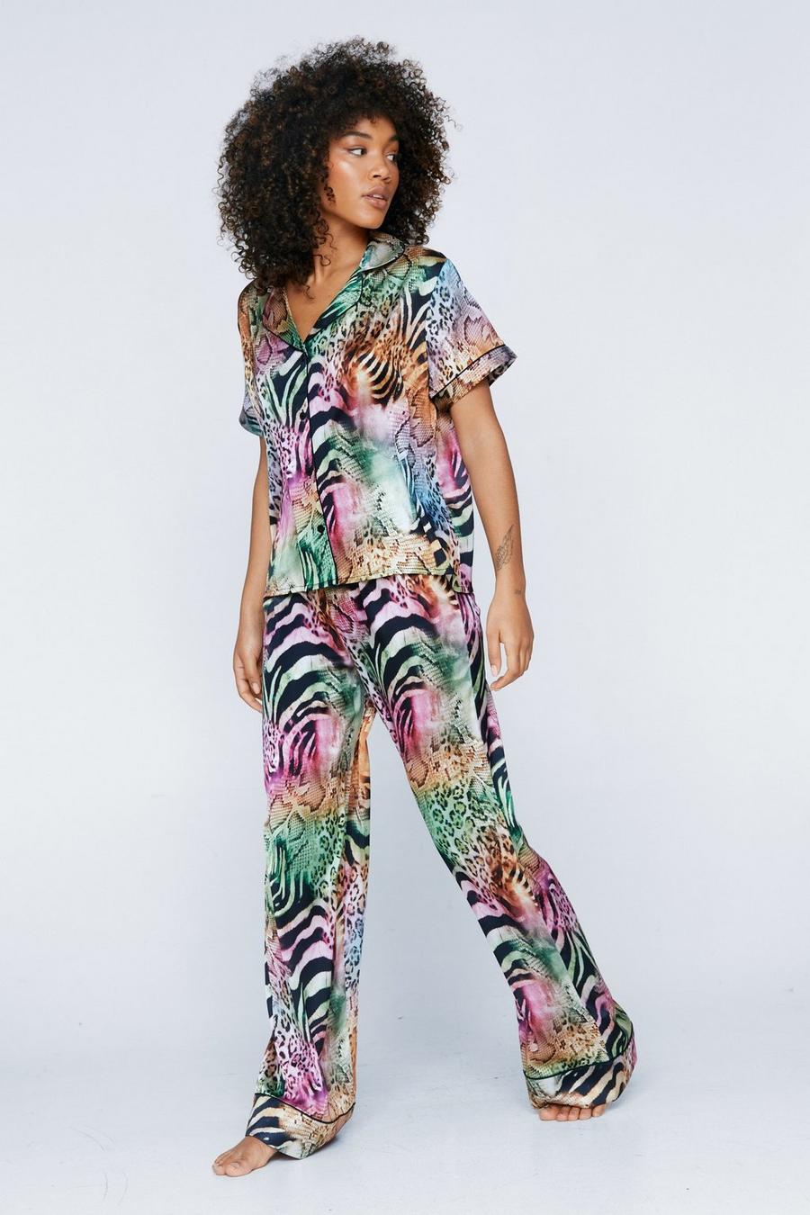 Satin Mixed Animal Print Short Sleeve Pyjama Trouser Set