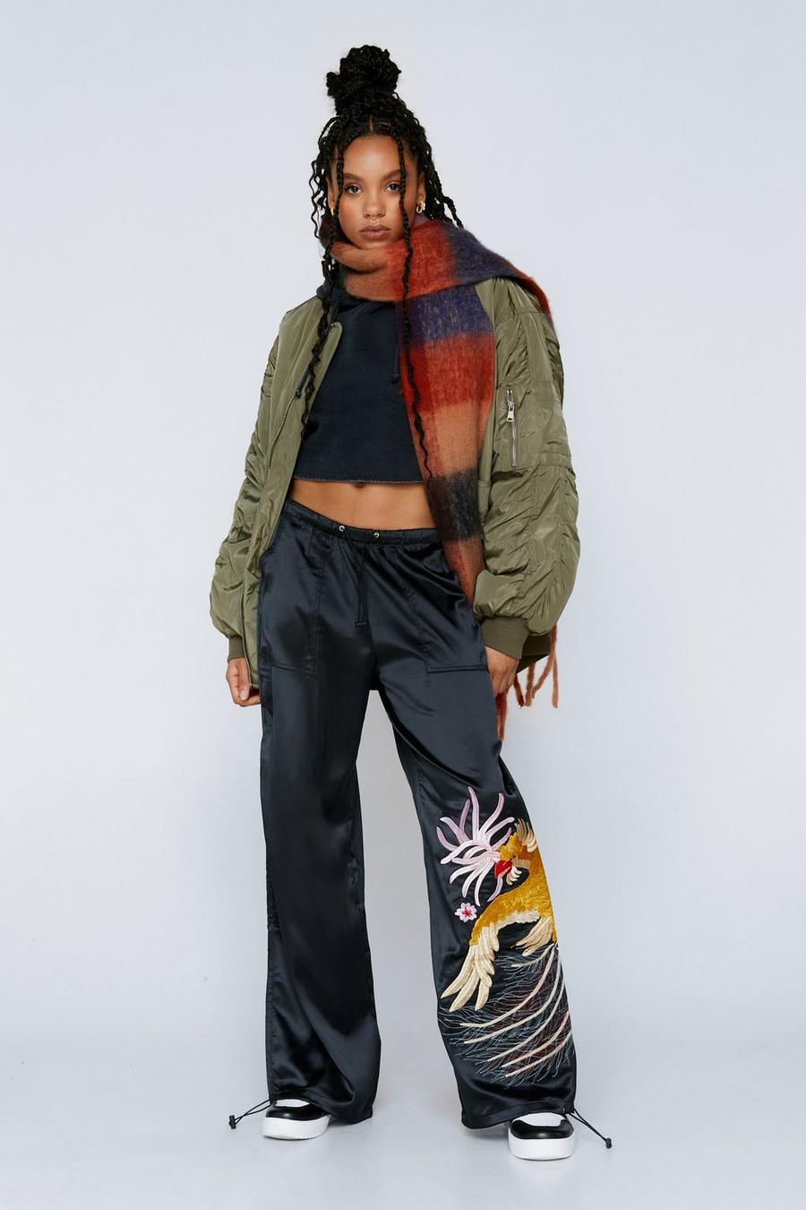 Embroidered Parachute Nylon Mid Rise Cargo Pants