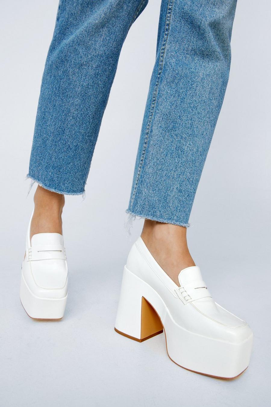 Faux Leather Pearlised Heeled Platform Loafers