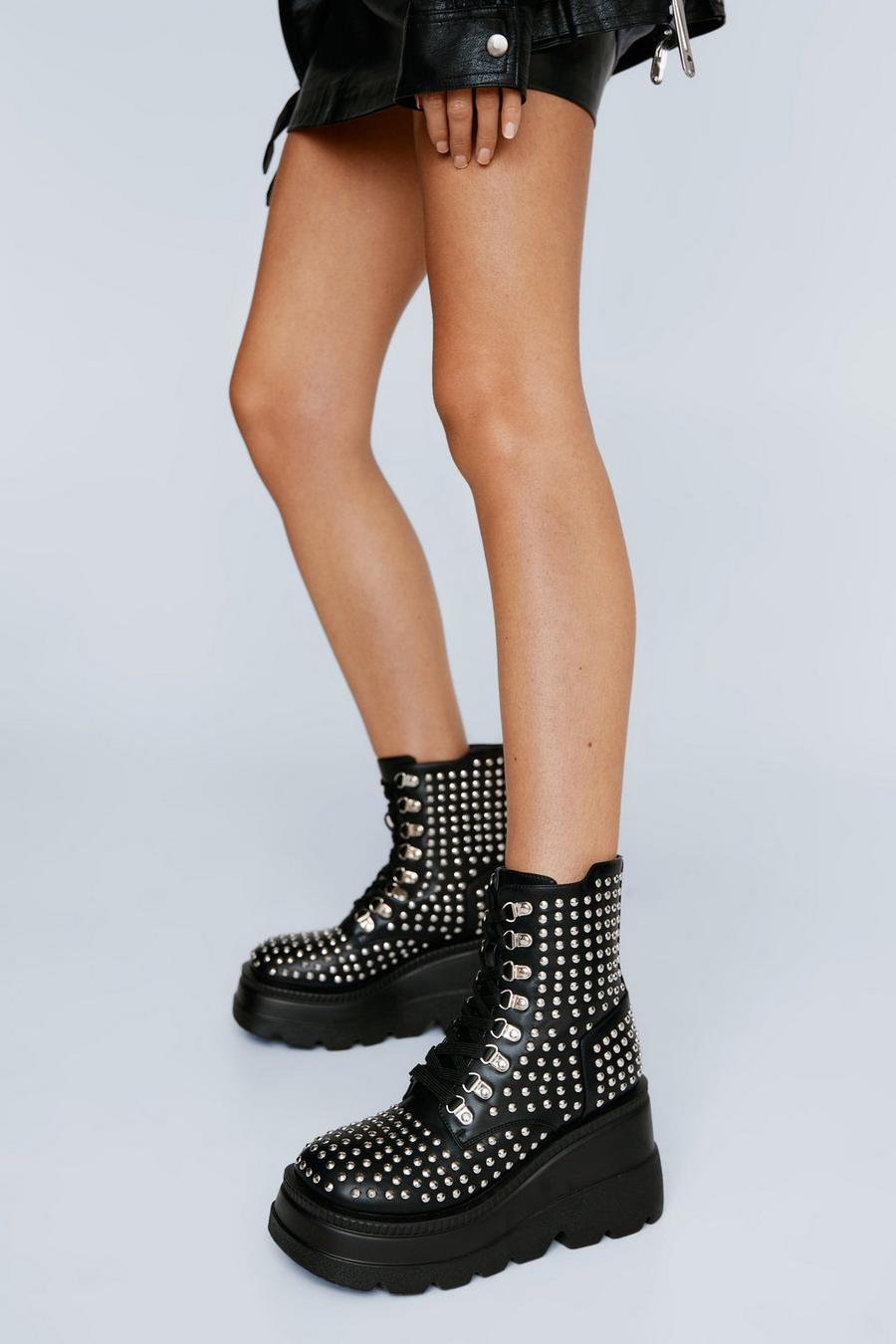 Faux Leather All Over Stud Platform Lace Up Boots