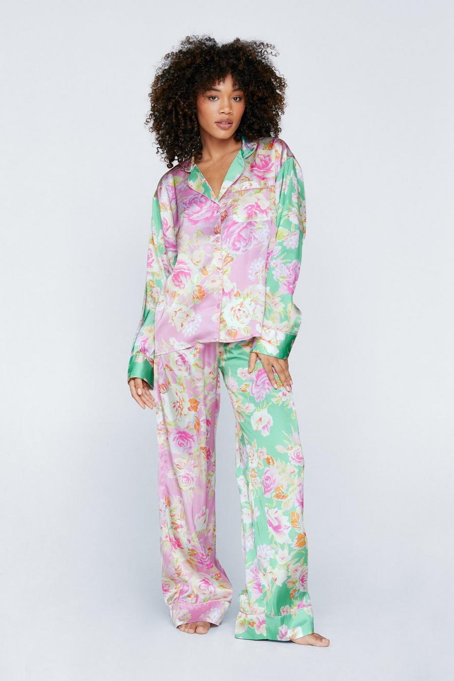 Satin Floral Print Colour Block Pyjama Trousers Set