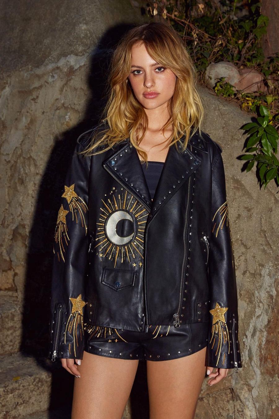 Real Leather Star and Moon Embroidered Jacket
