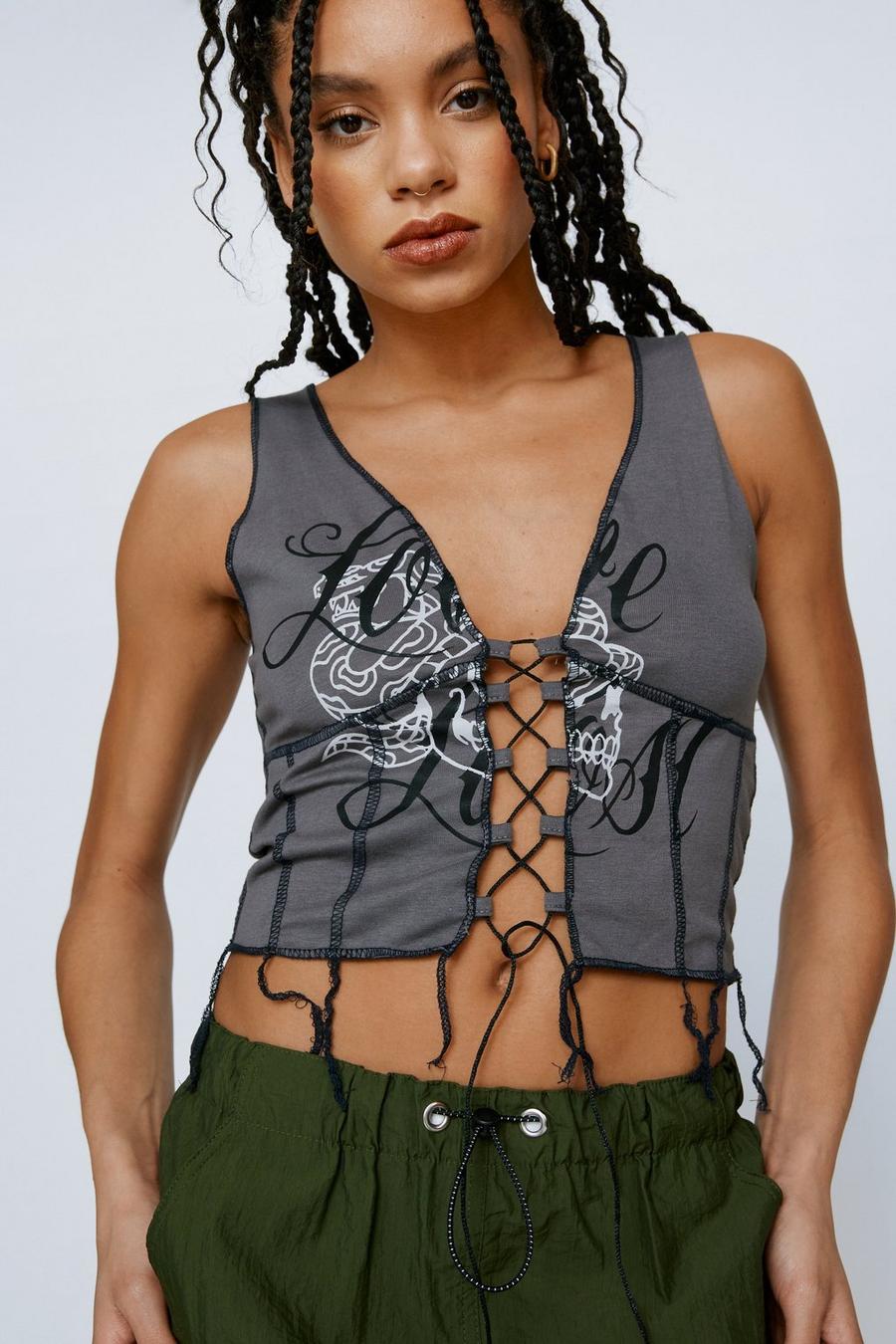 Lace Up Contrast Stitch Graphic Tank Top