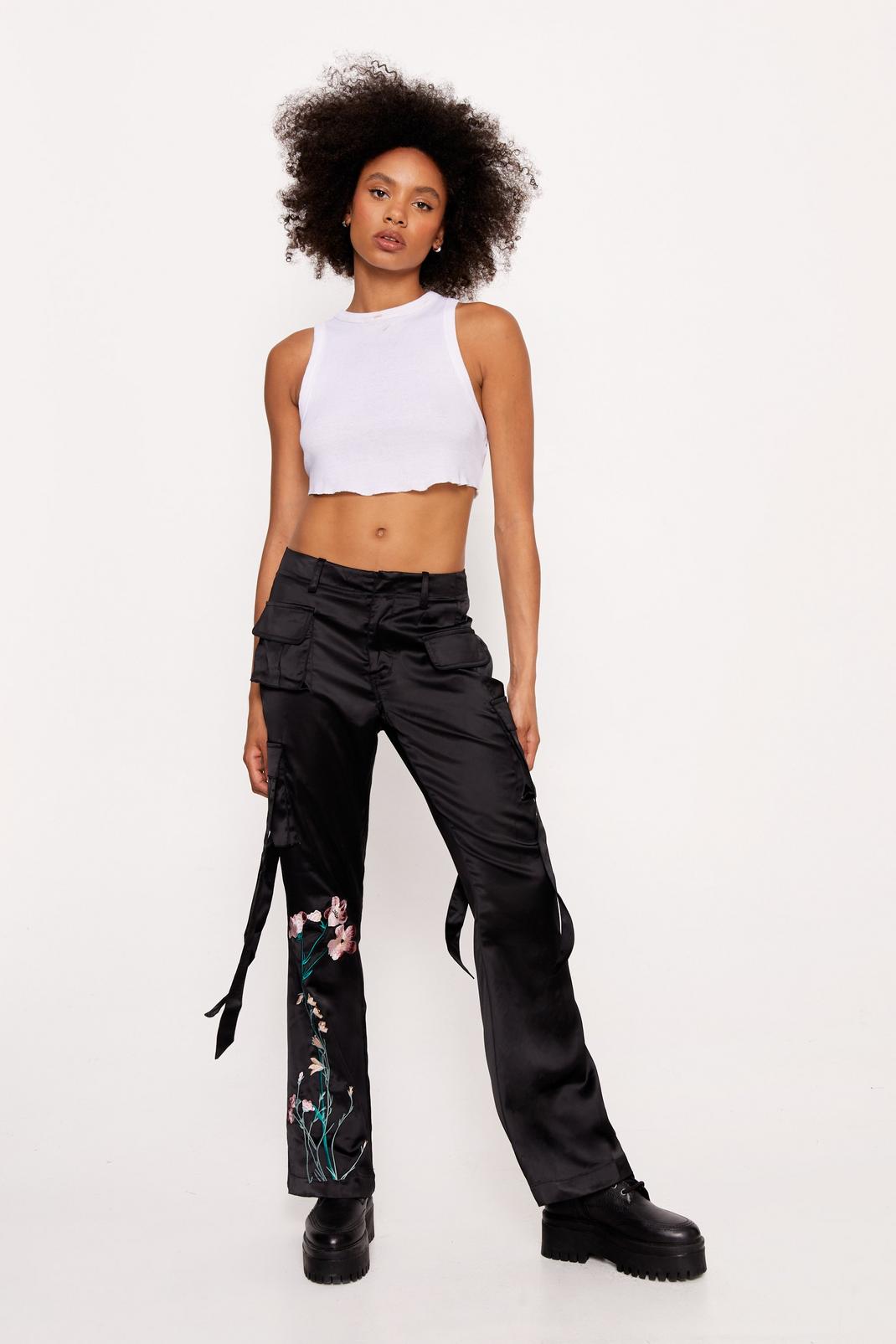 Black Satin Embroidered Strappy Cargo Pants image number 1