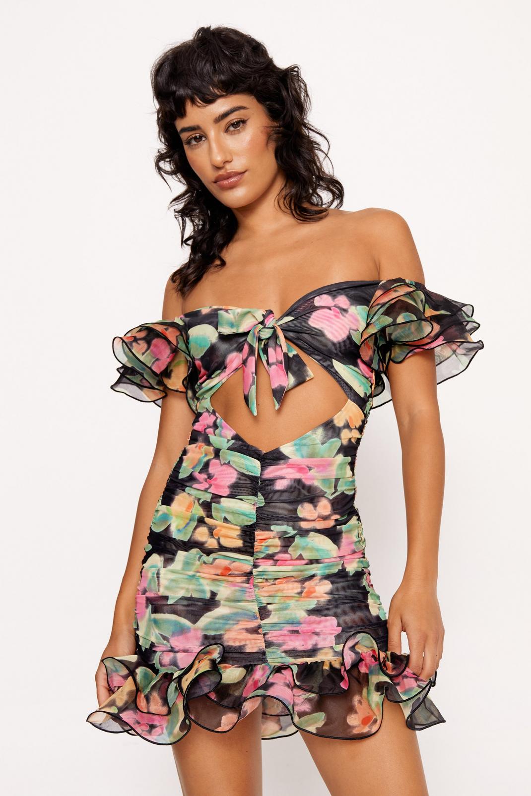 Multi Floral Cut Out Ruffle Mini Dress image number 1