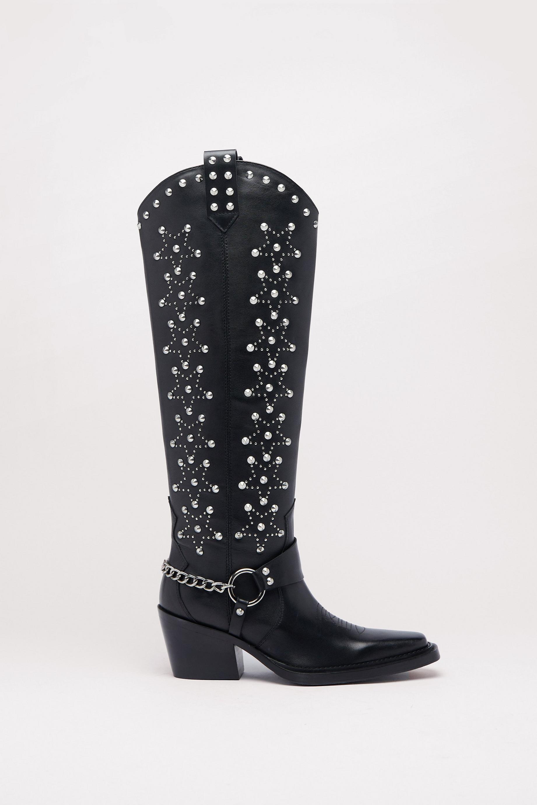 Leather Star Studded Knee High Cowboy Boots