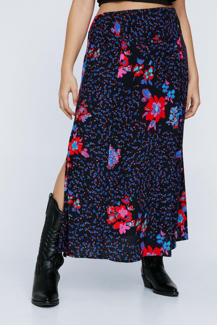 Plus Size Floral Split Midi Skirt