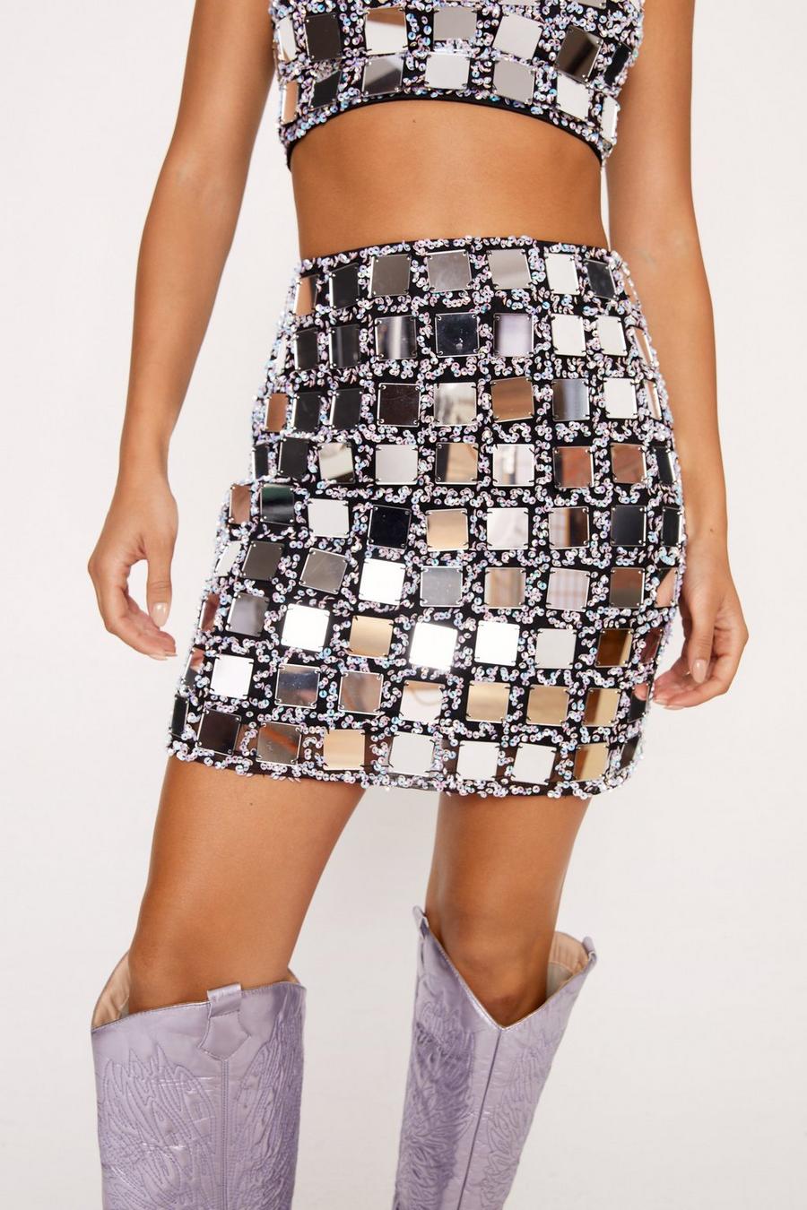 Silver Mirrored Sequin Embellished Mini Skirt