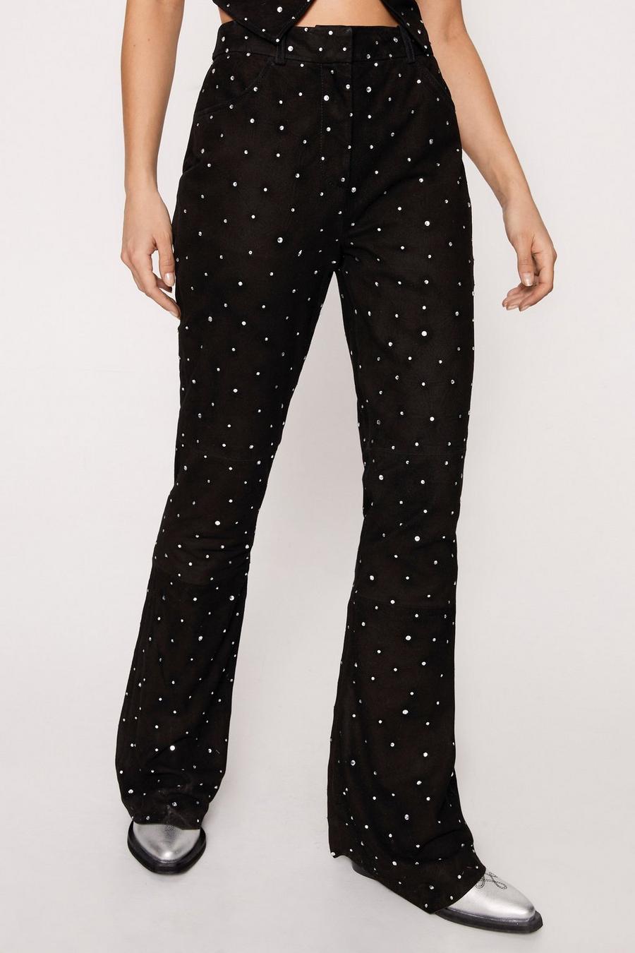 Real Suede Three Piece Set Diamante Studded Flare Pants