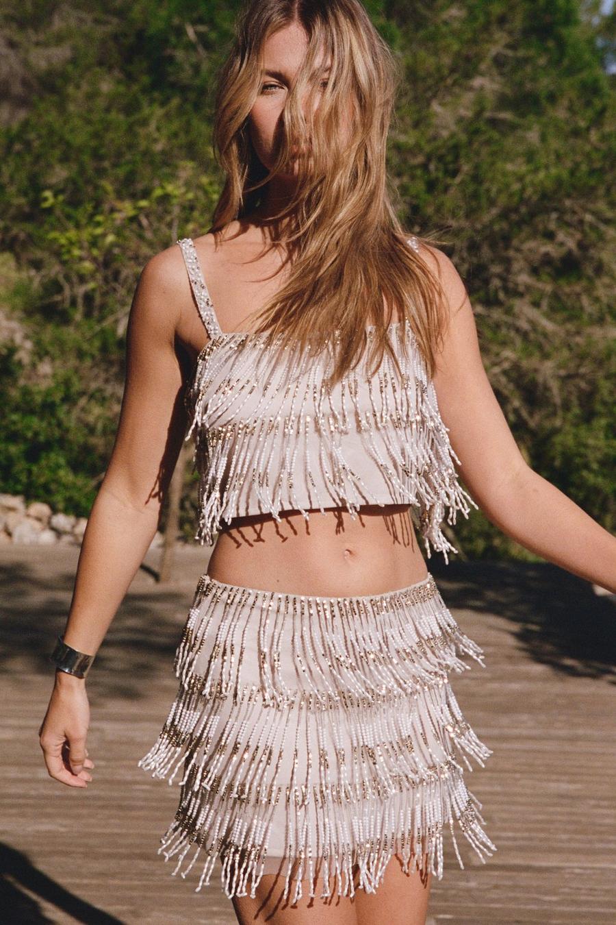 Beaded Tassel Co-ord Square Neck Crop Top