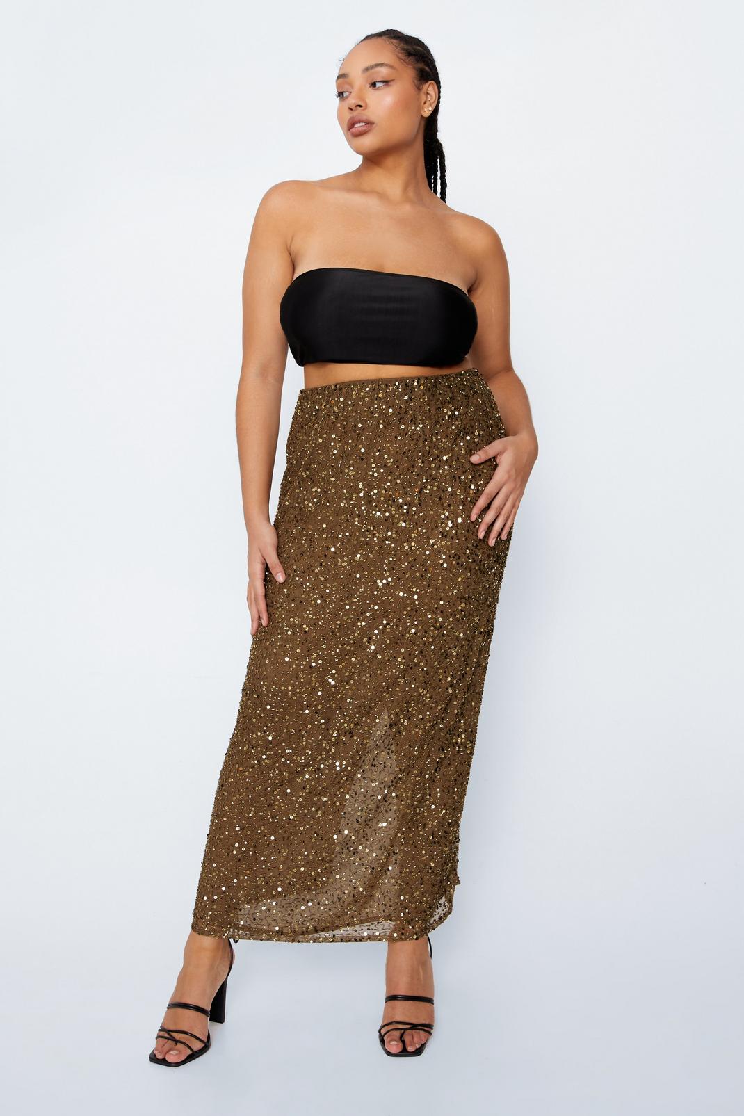 Gold Plus Size Sequin Midi Skirt image number 1