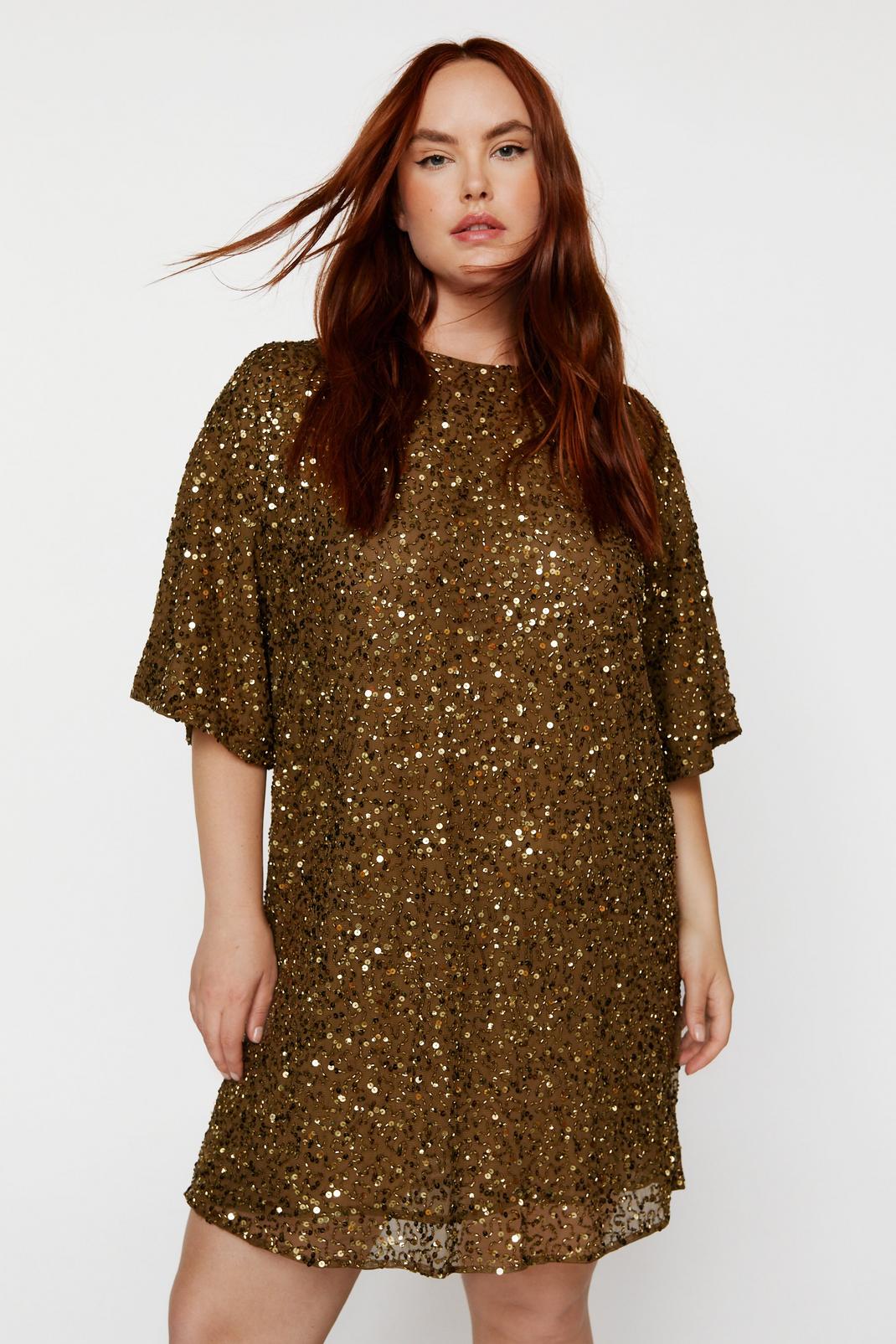 Gold Plus Size Cluster Sequin Slouch Shift Dress image number 1