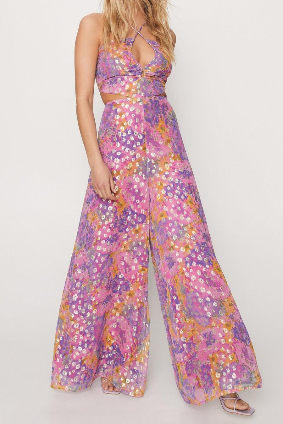 Metallic Floral Strappy Back Jumpsuit