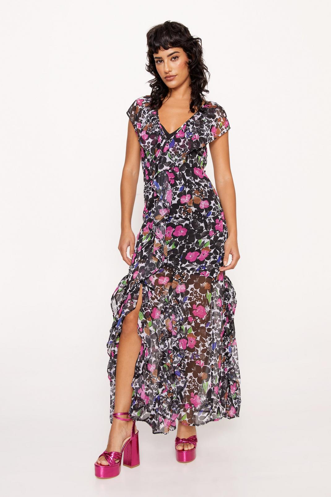 Black Floral Chiffon Ruffle Maxi Dress image number 1