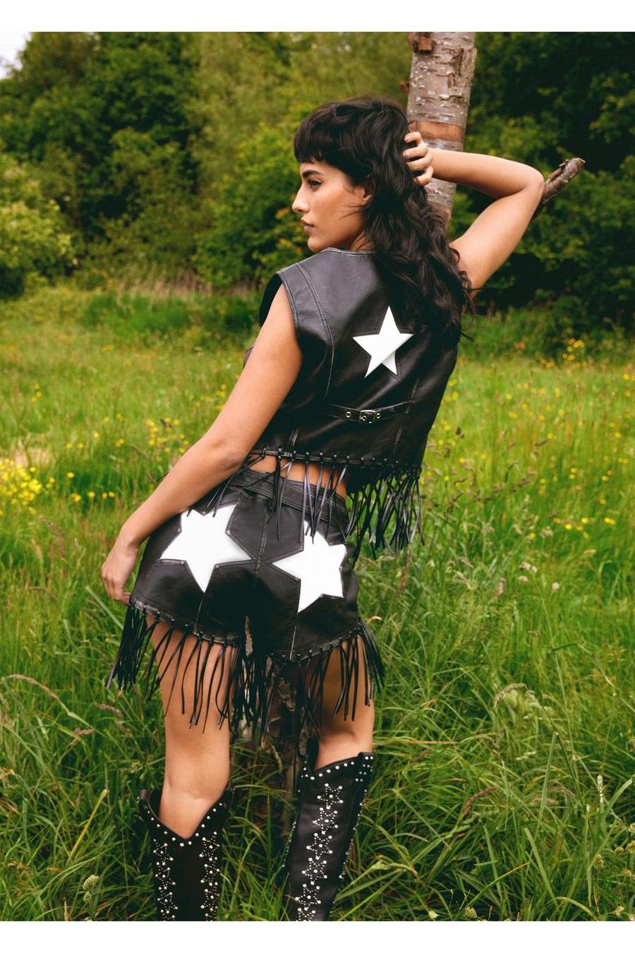 Faux Leather Star Bum Fringed Shorts 