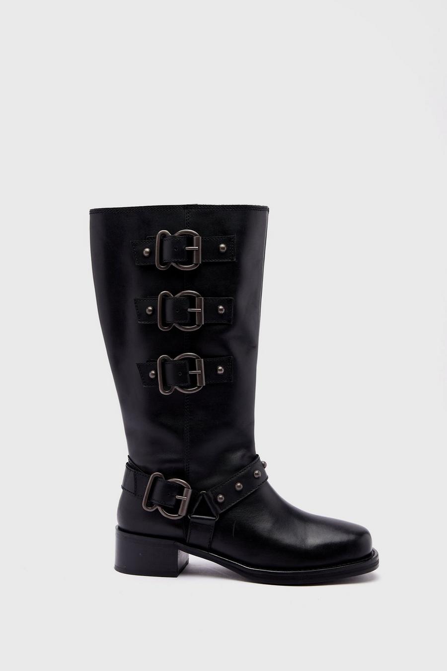 Tarnished Leather Multi Buckle Harness Knee High Boots