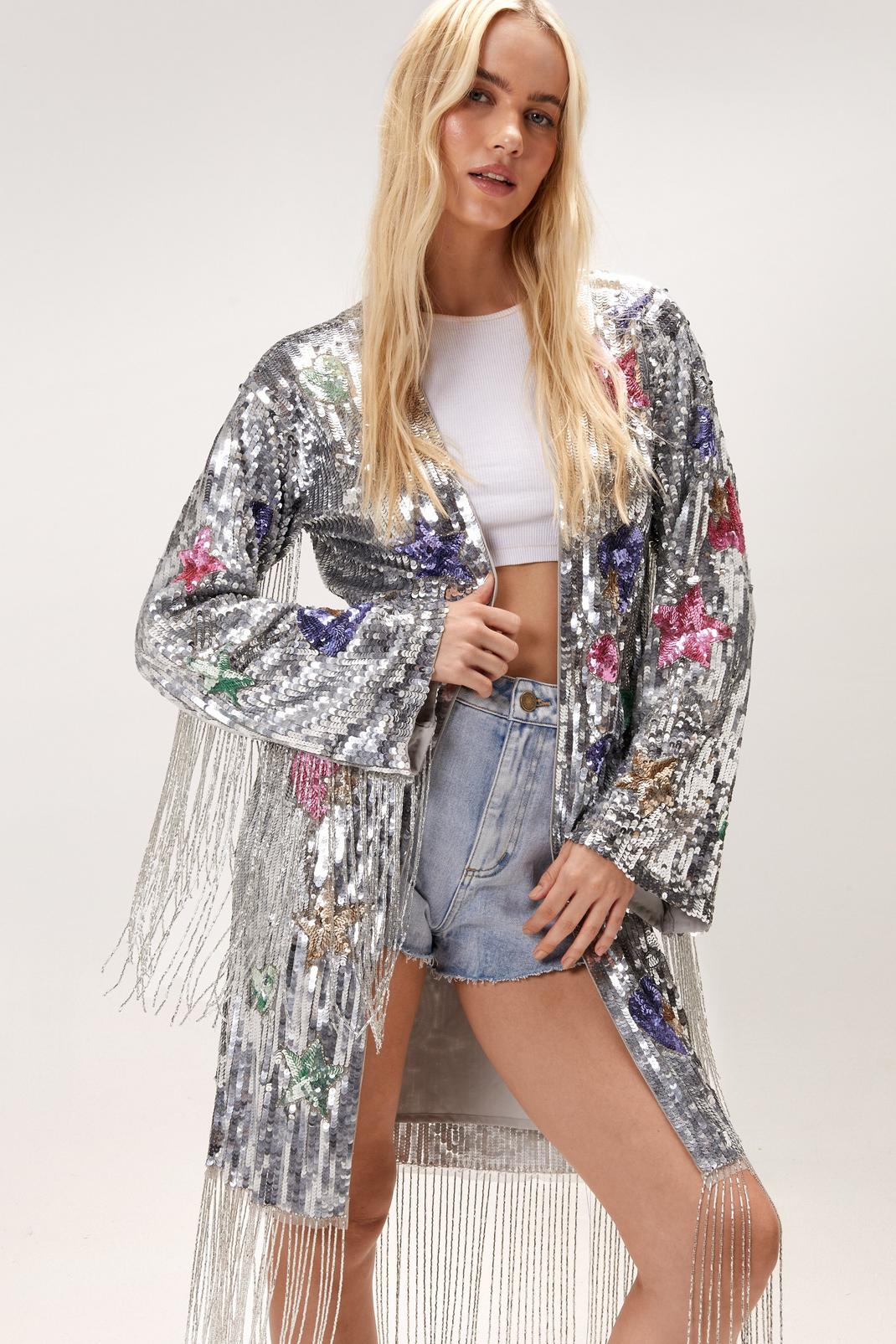 Silver Star And Heart Hand Embellished Tassel Kimono image number 1