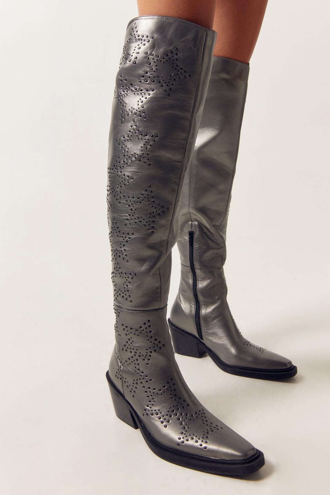 Gun metal Real Leather Metallic Star Studed Over The Knee Cowboy Boots image number 1