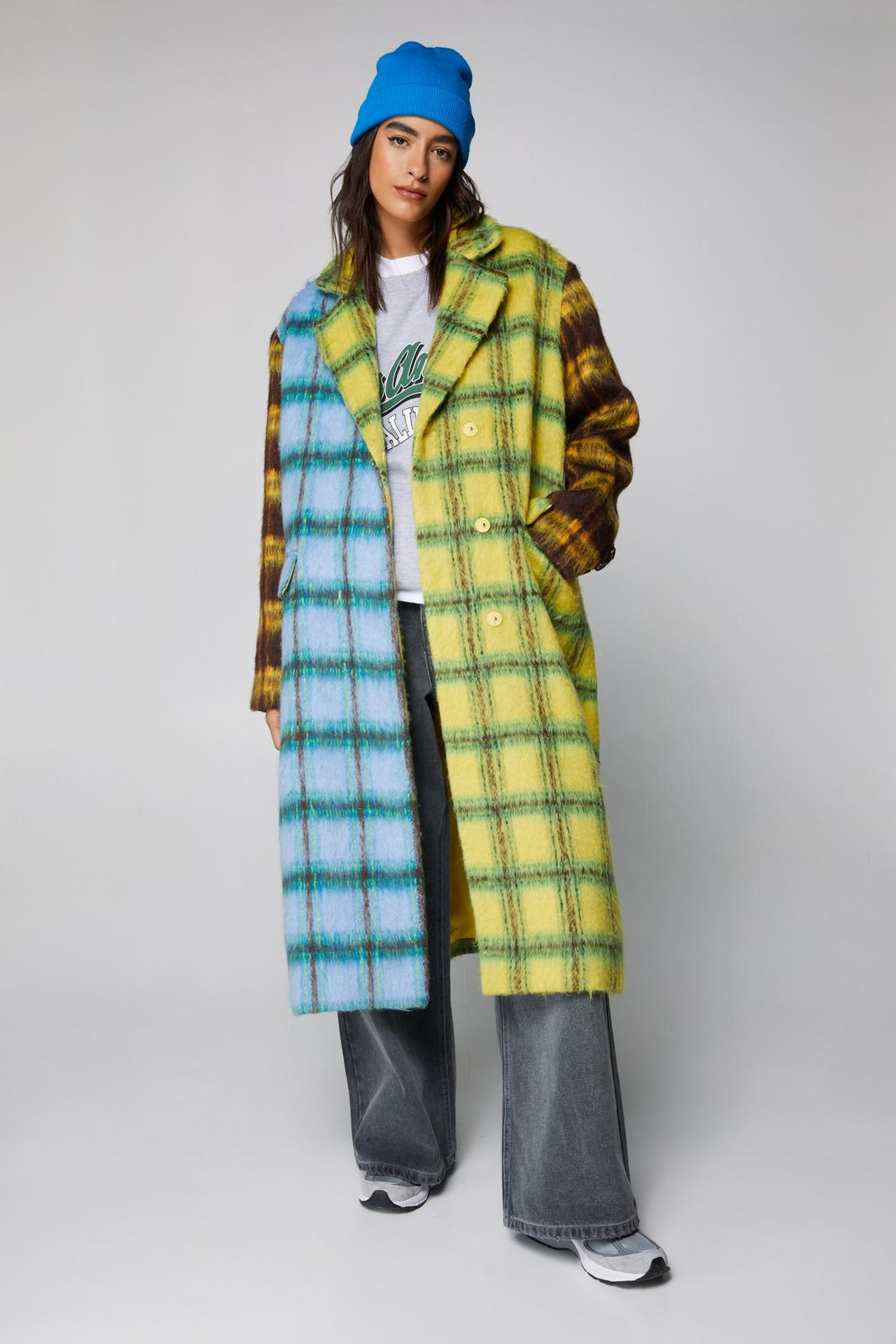 Multi Wool Look Contrast Plaid Panelled Coat image number 1