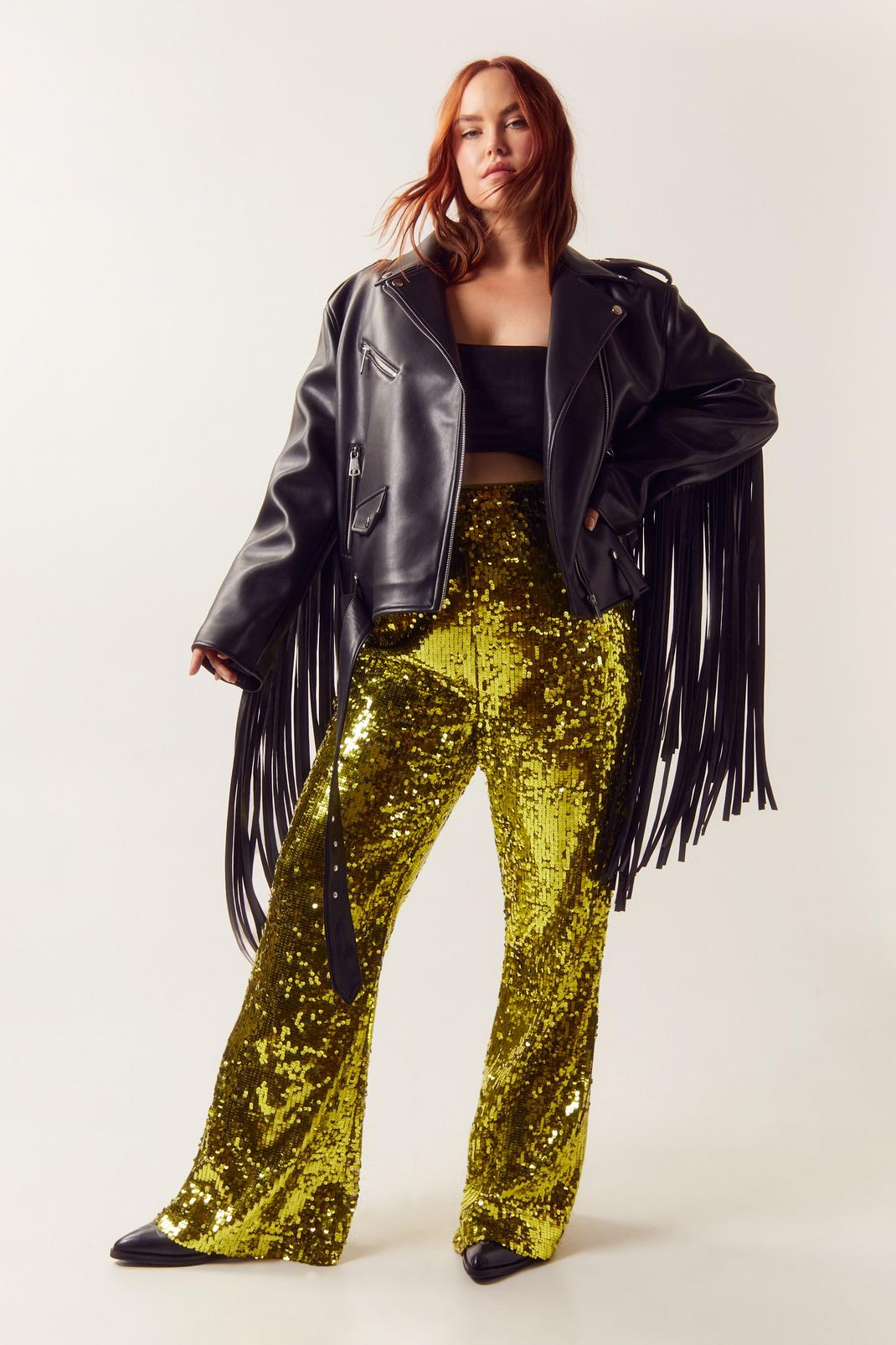 Green Plus Size Premium Sequin Flare Trousers image number 1