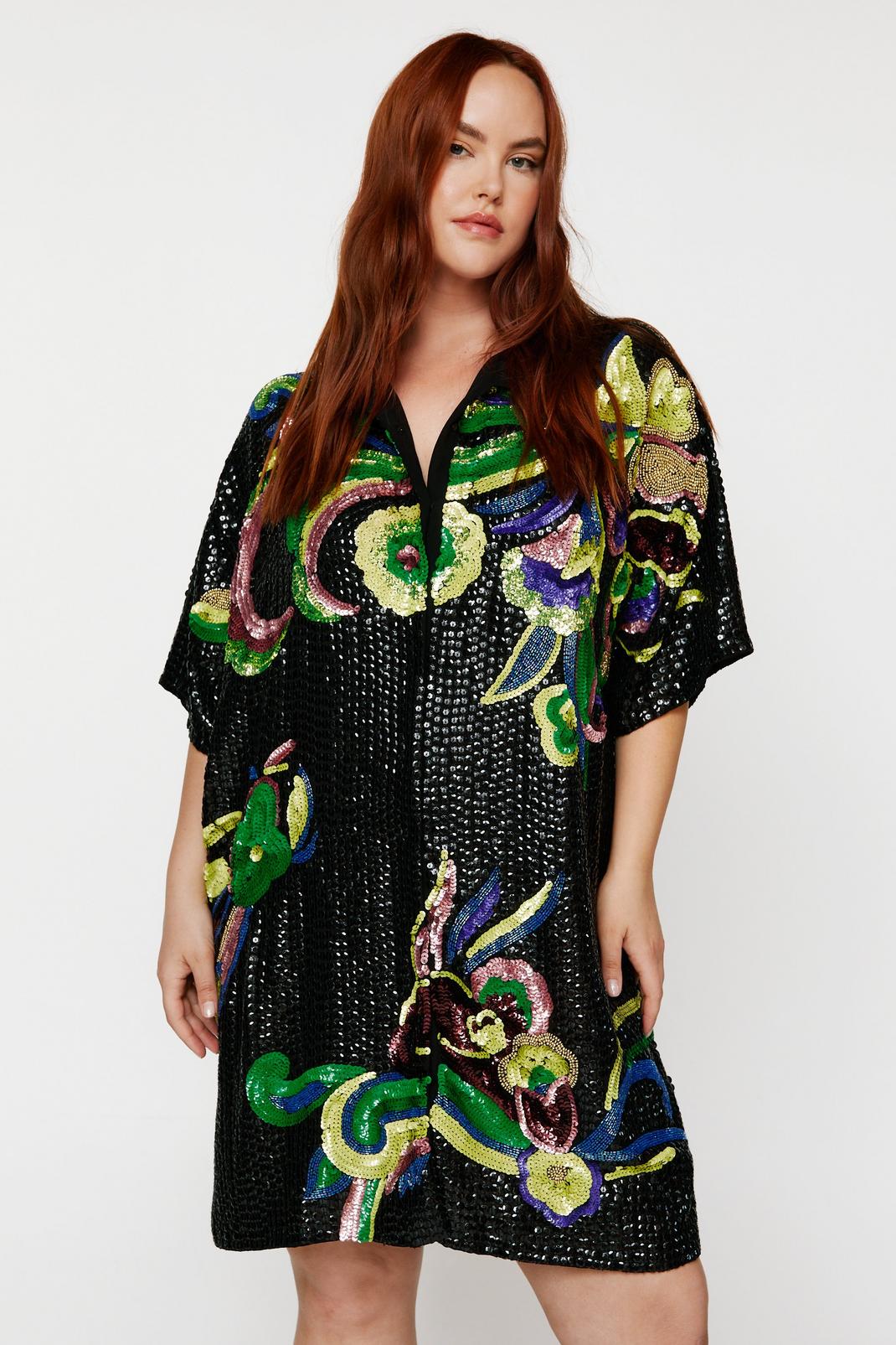 Black Plus Size Floral Sequin Shirt Dress image number 1