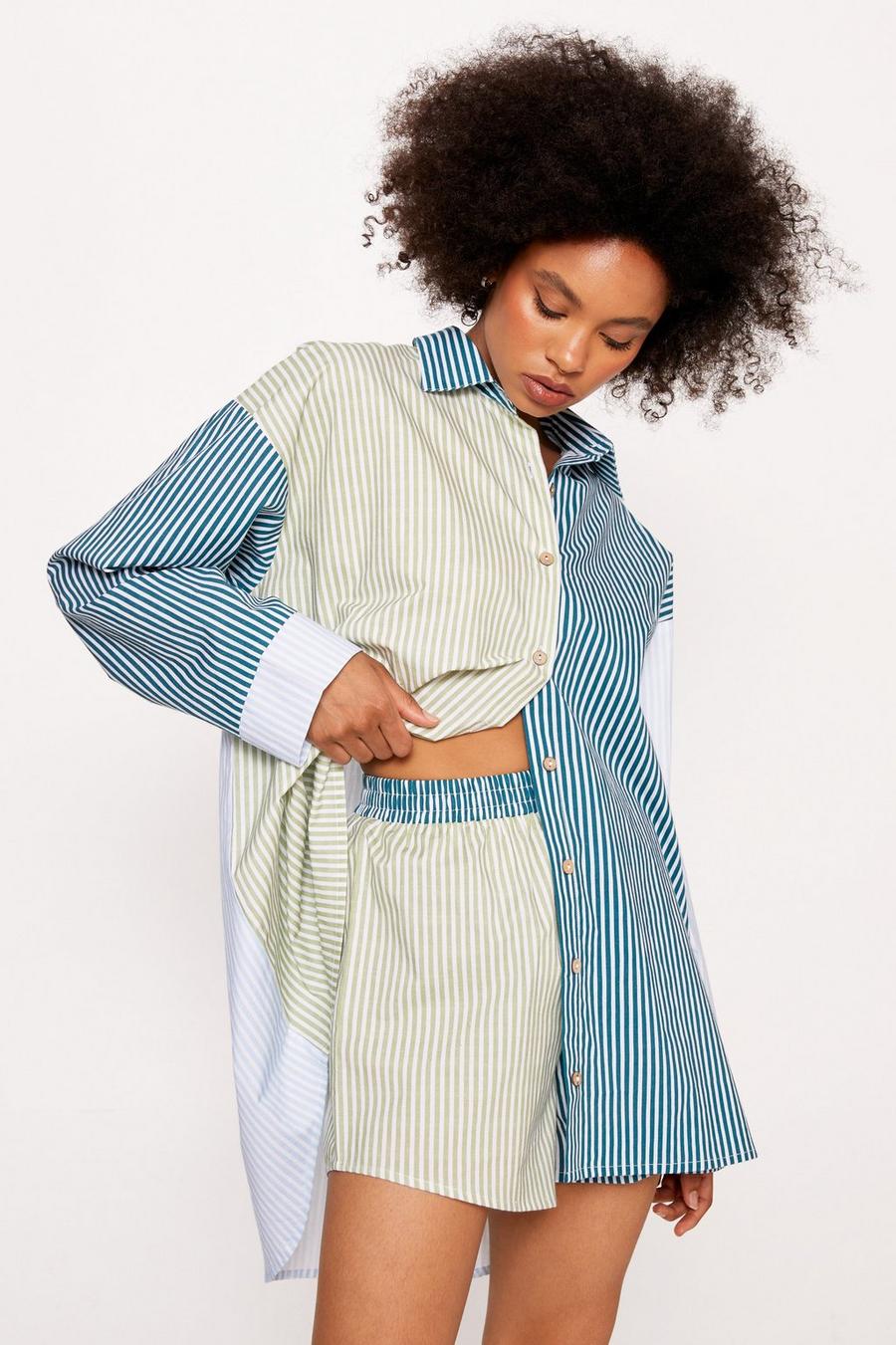 Cotton Poplin Colour Block Stripe Oversized Shirt & Short Set