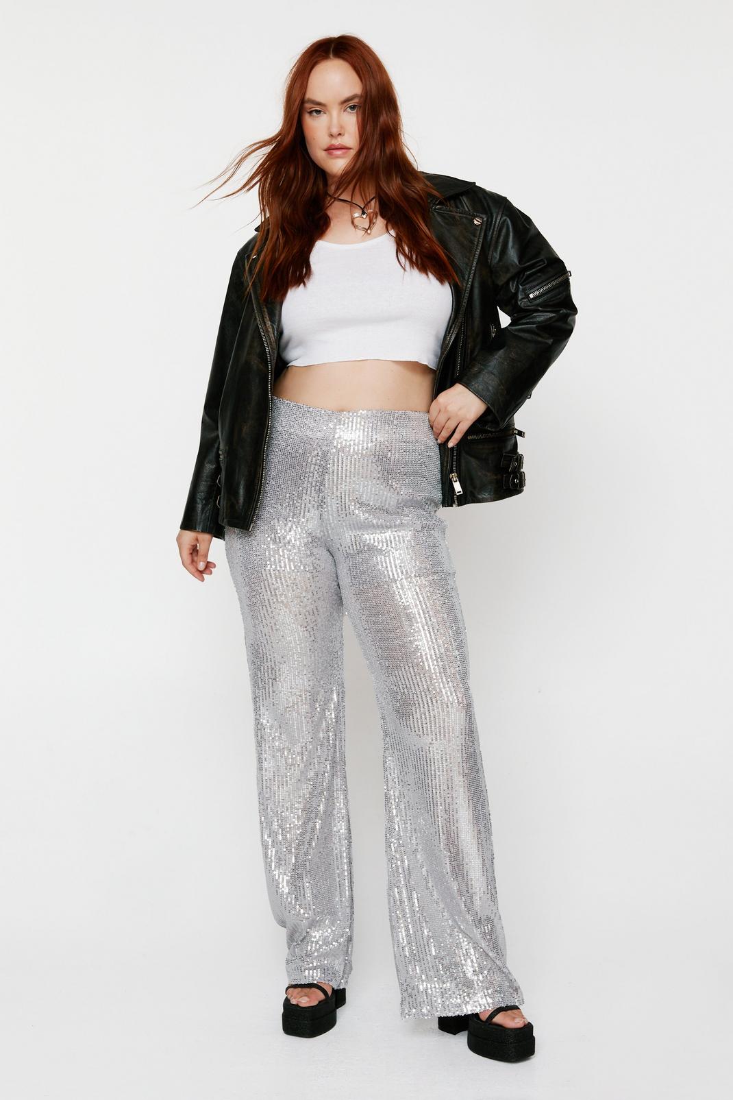 Silver Plus Size Sequin Flare Pants image number 1