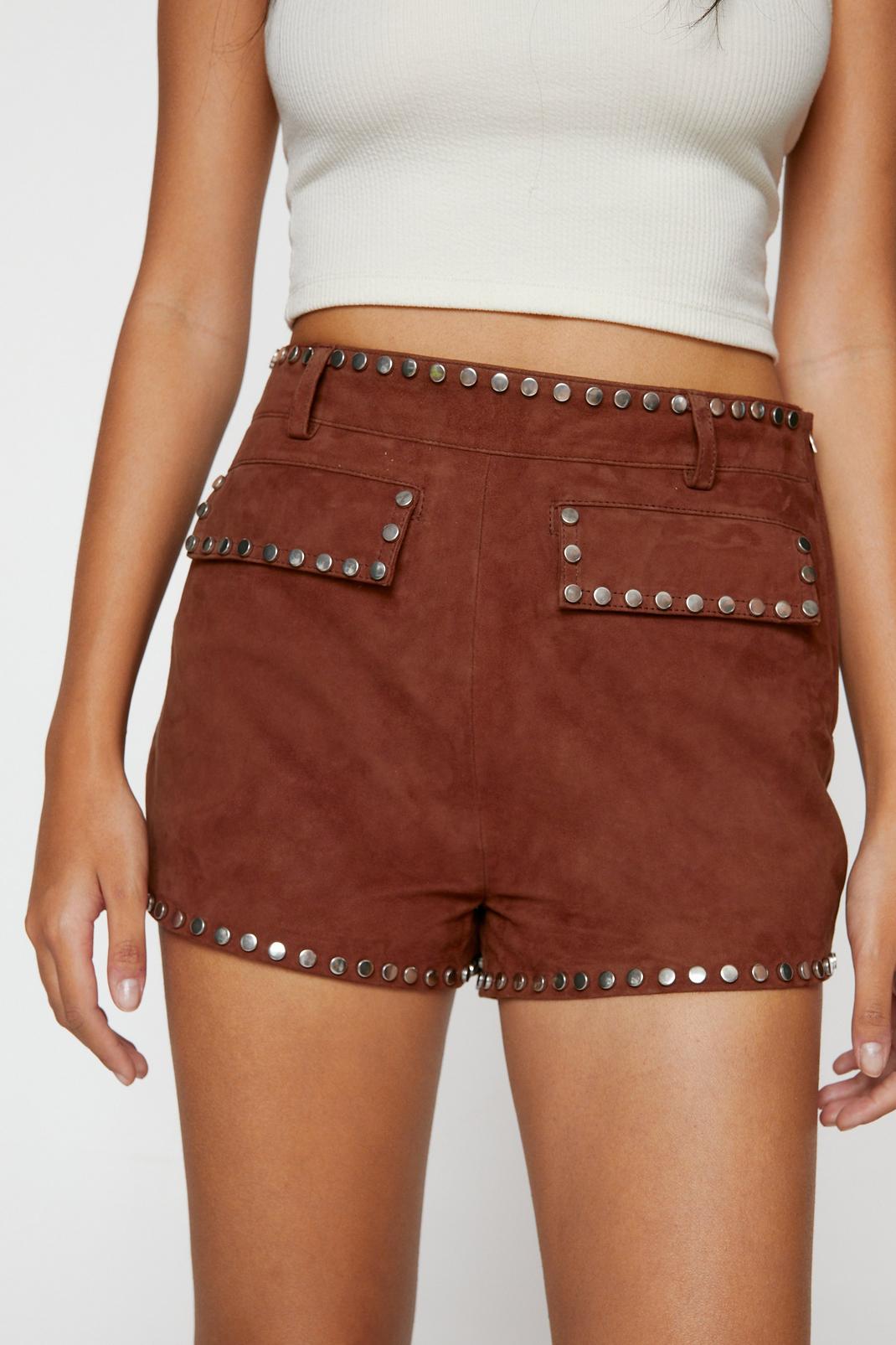 Tan Real Suede Studded Detail Shorts image number 1