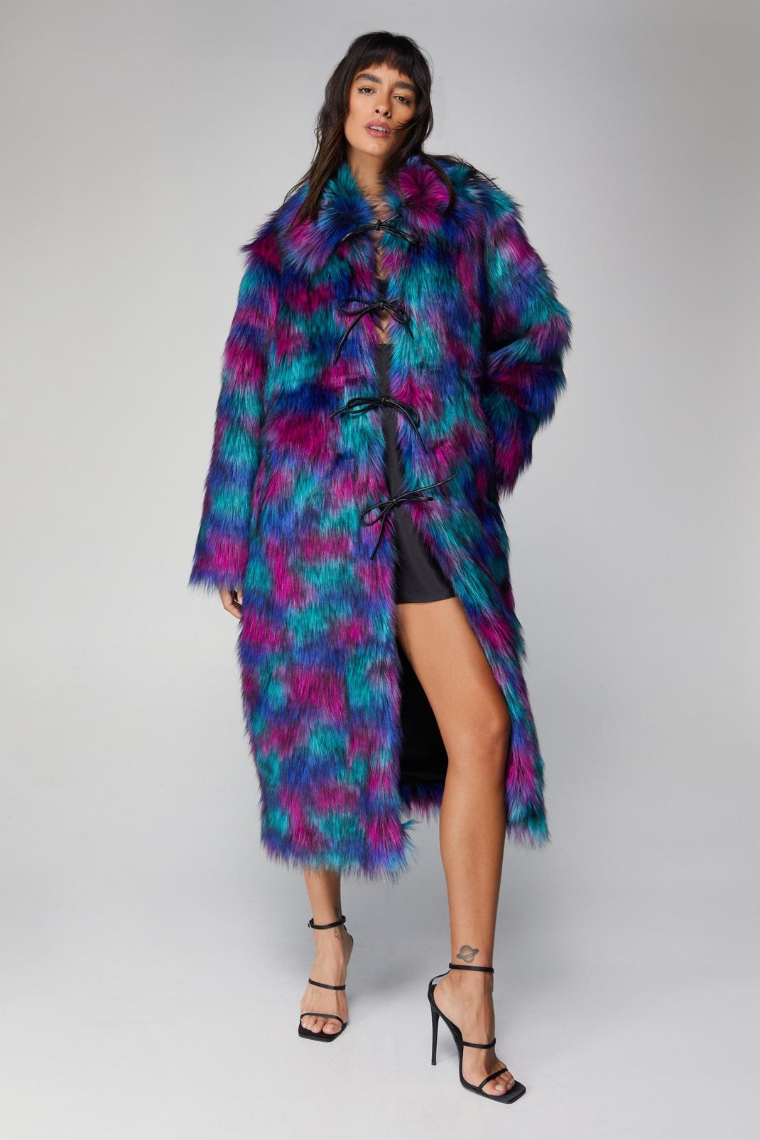 Multi Premium Patterned Faux Fur Longline Coat image number 1