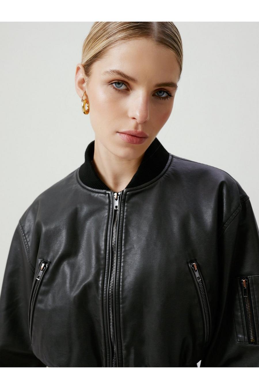 Distressed Faux Leather Cropped Bomber Jacket