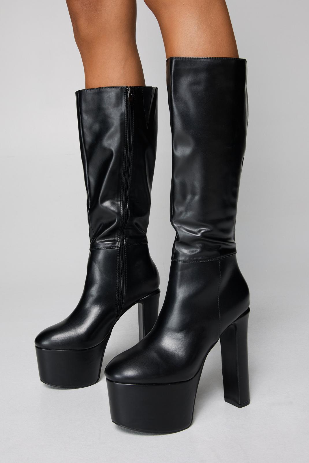 Black Faux Leather Extreme Platform Knee High Boots image number 1