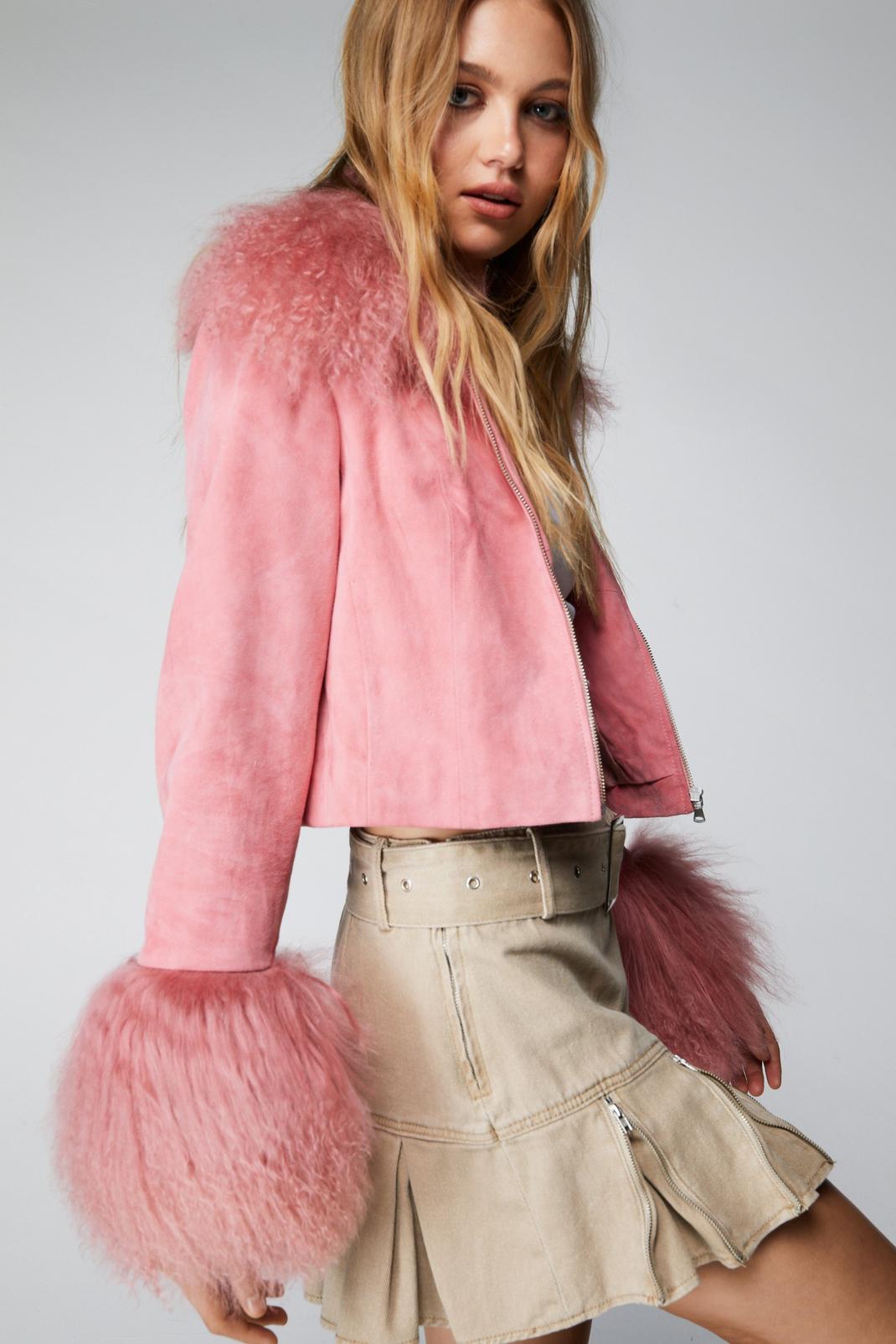 Pink Premium Suede And Shearling Jacket image number 1
