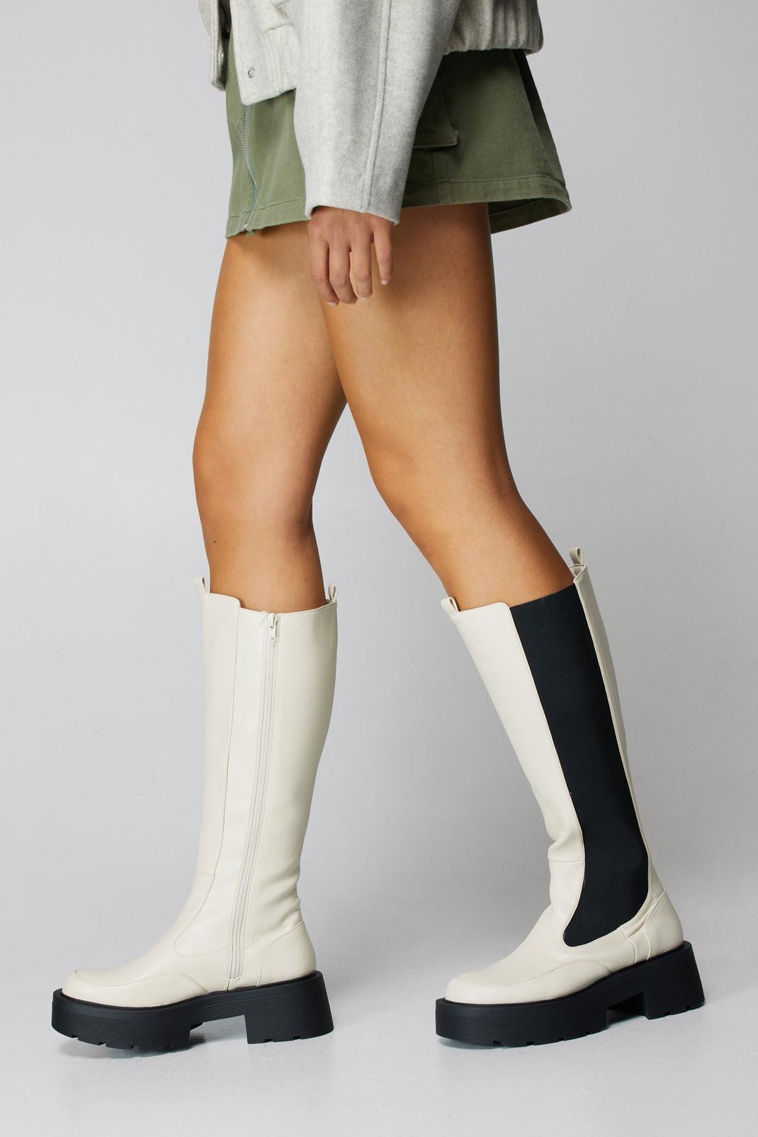 Cream Faux Leather Knee High Chelsea Boots image number 1