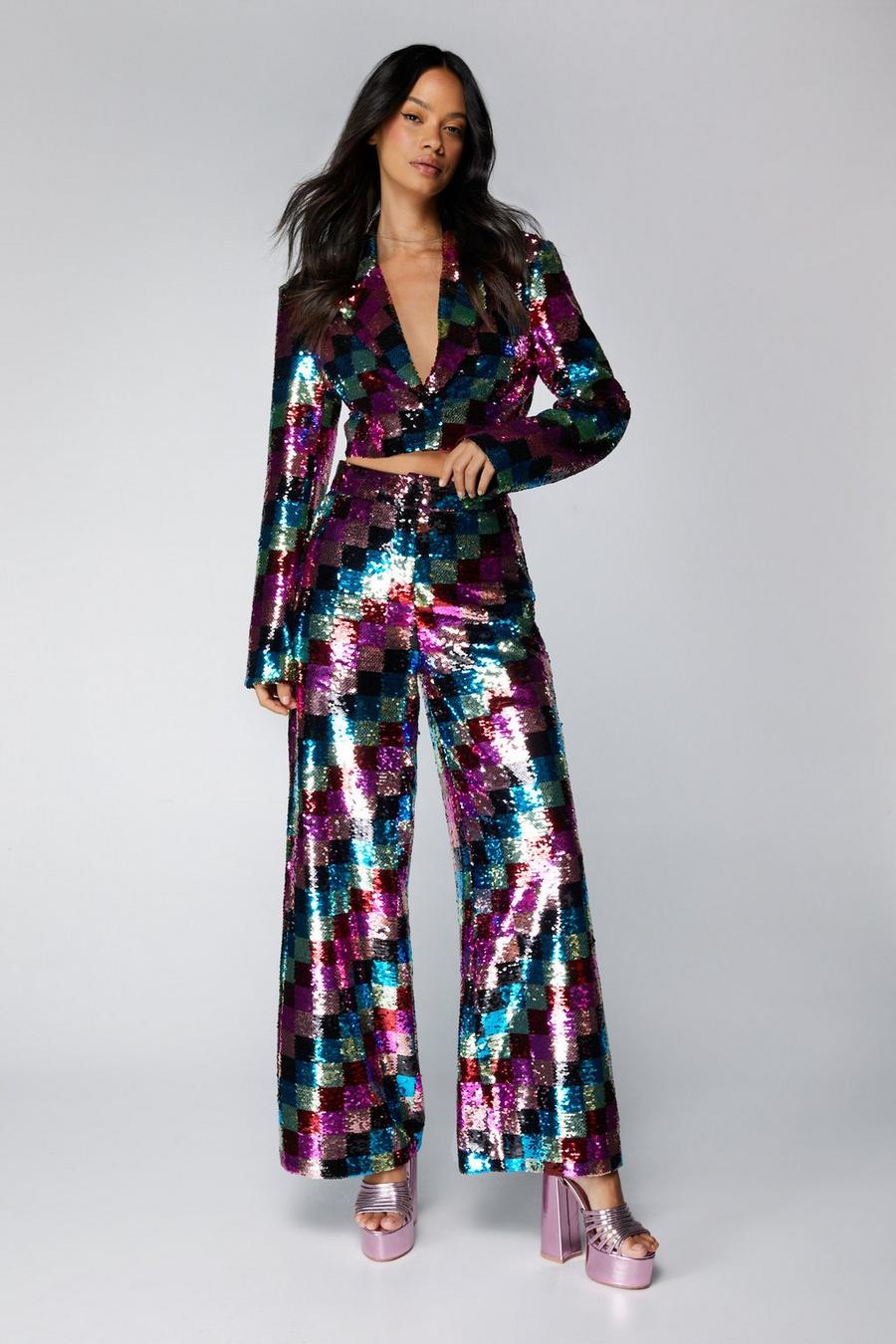 Checkerboard Sequin Wide Leg Trousers
