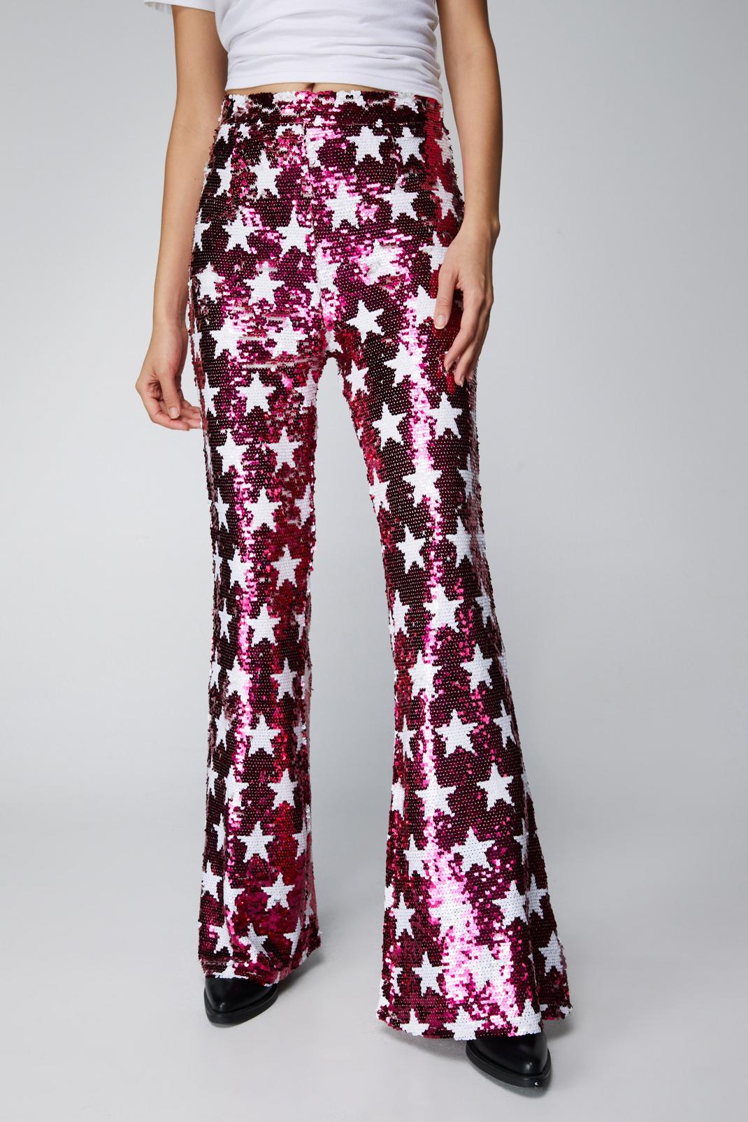 Pink Small Star Sequin Flare Trousers image number 1