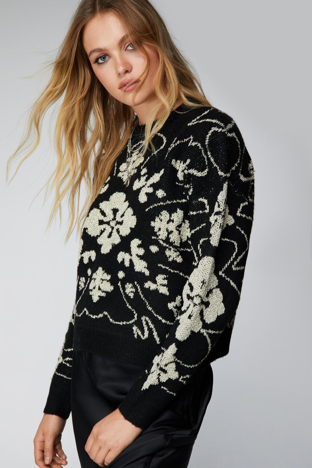 Black Relaxed Floral Metallic Flecked Knit Jumper image number 1