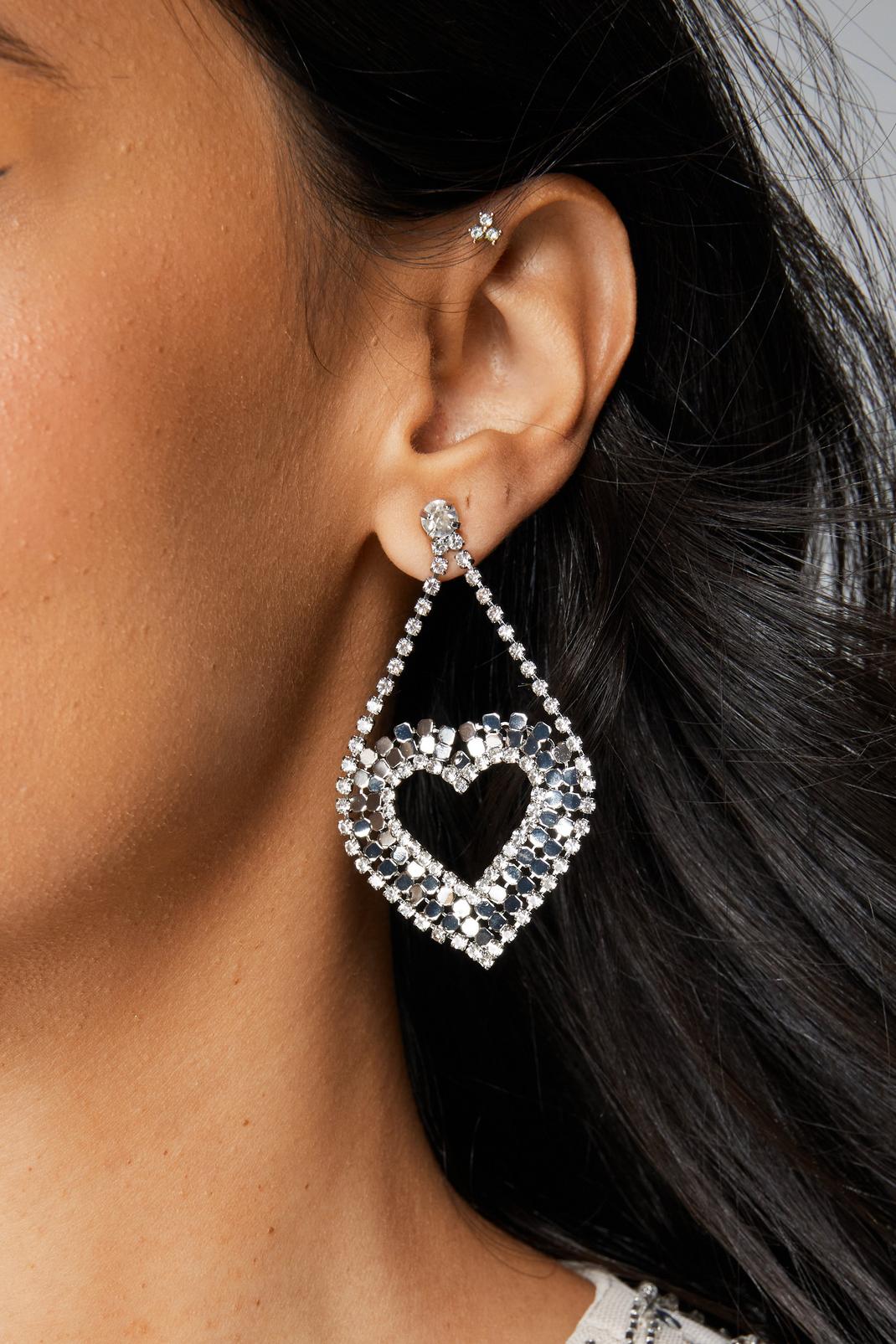 Silver Mirror Diamante Heart Earrings image number 1