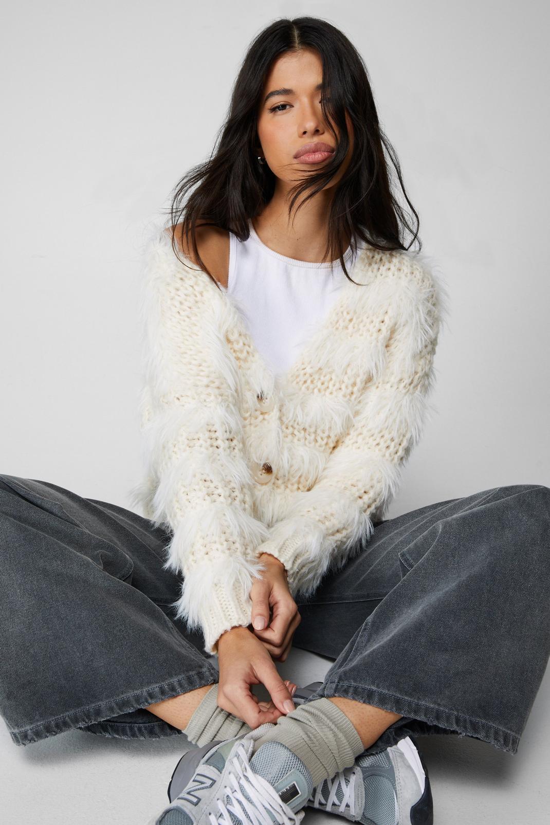 Cream Fluffy Chunky Knit Cardigan image number 1