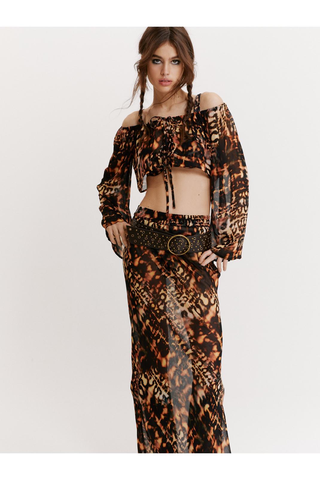 Brown Sheer Animal Print Maxi Beach Cover Up Skirt image number 1