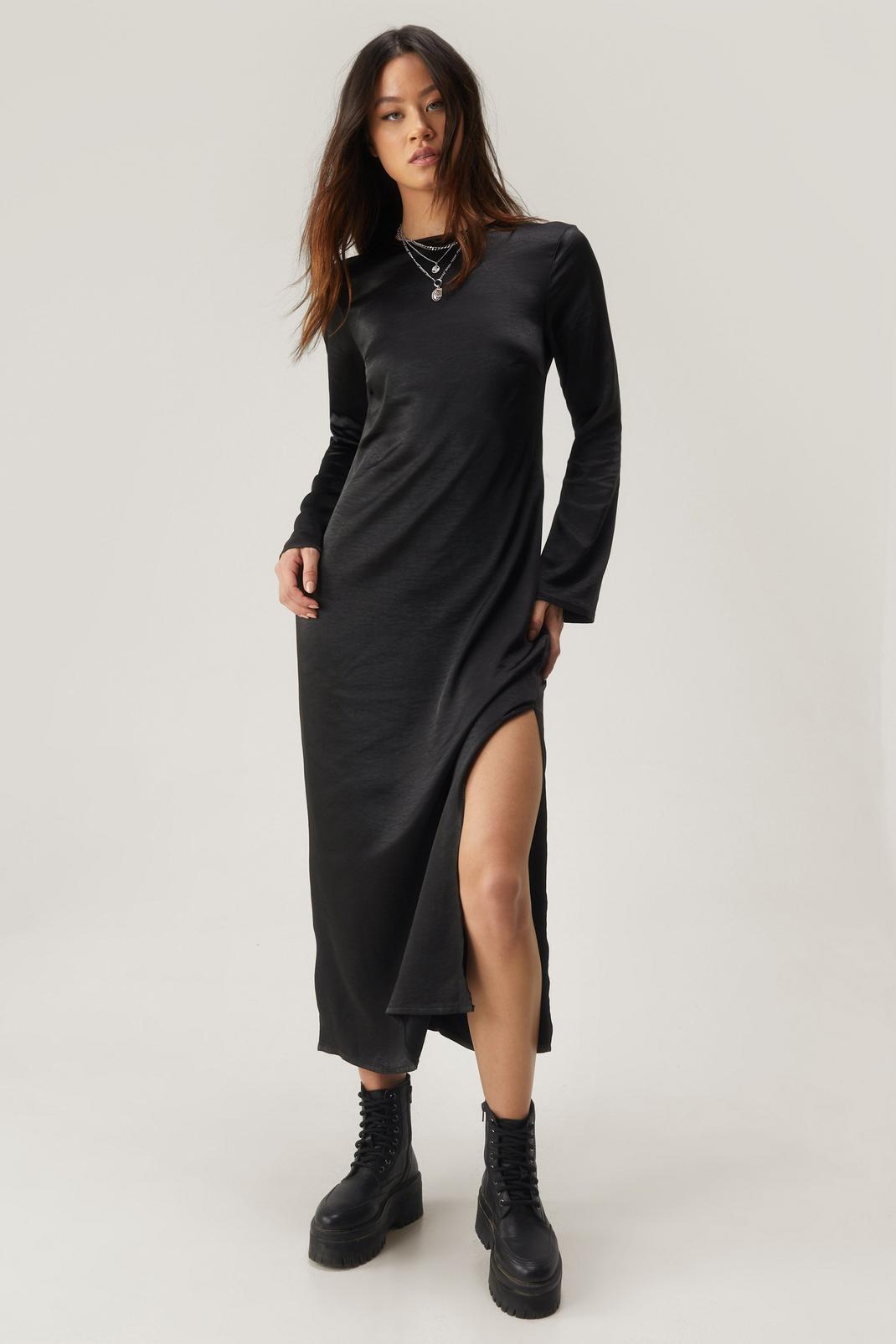 Black Textured Satin Column Midi Dress image number 1
