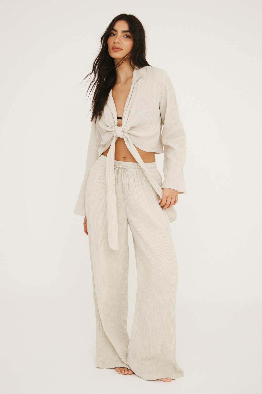 Oatmeal Cotton Drawstring Tie Pants image number 1