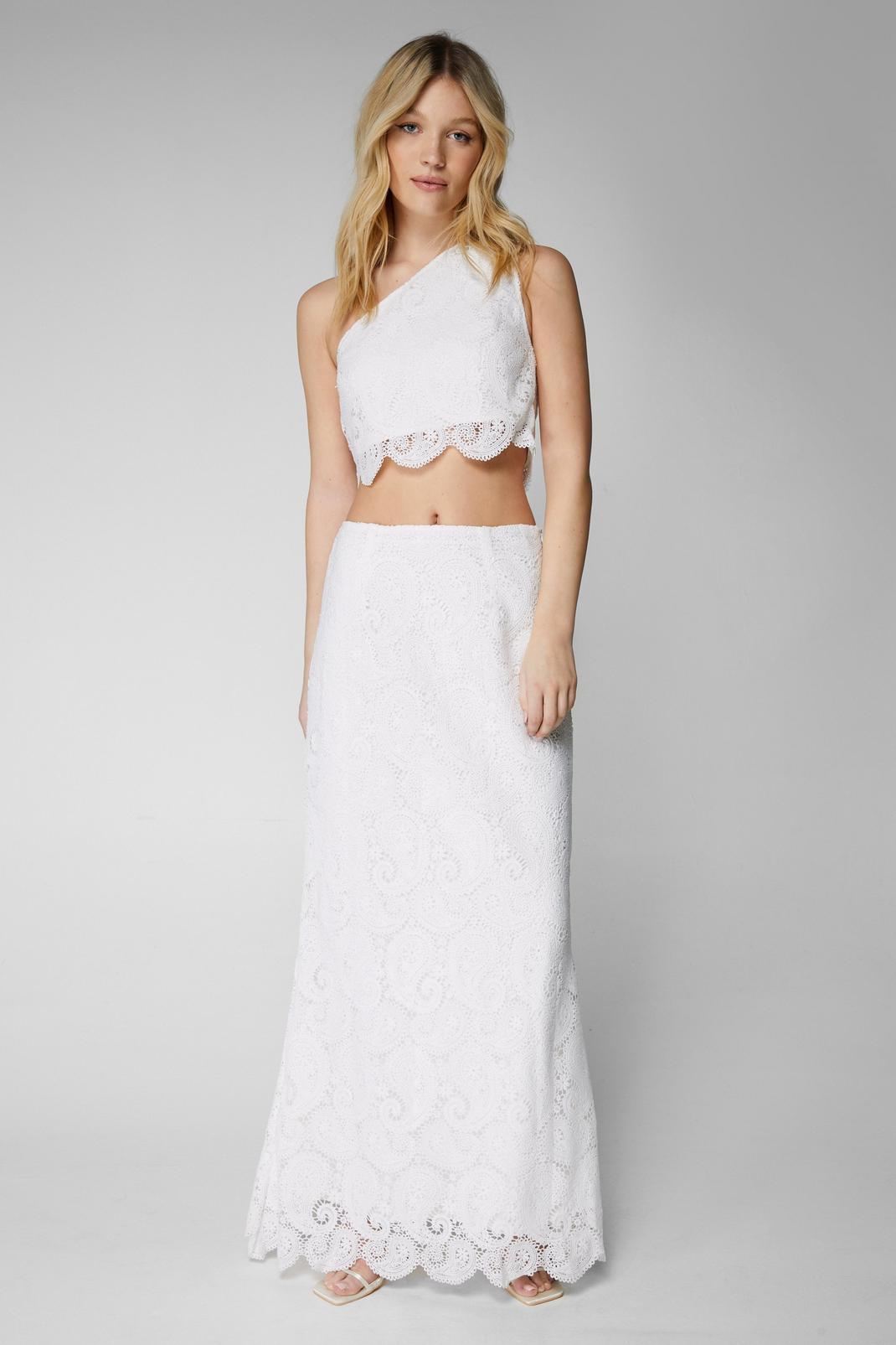 White Lace Paisley High Waist Maxi Skirt image number 1