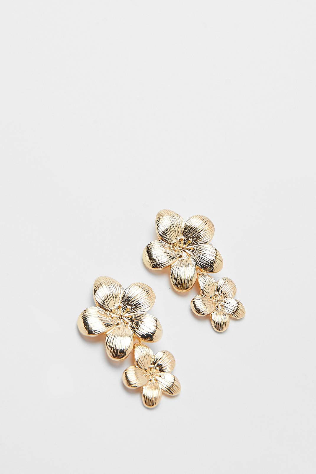 Gold Statement Double Flower Drop Earrings image number 1
